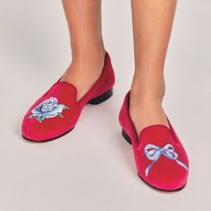 LoveShackFancy Pink Velvet Loafers with Blue Embroidery